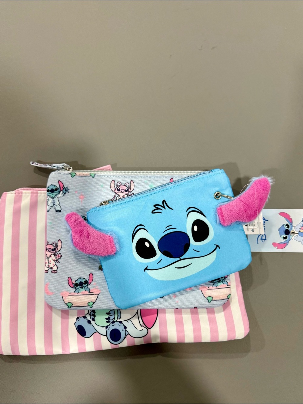 Disney Blue Stitch Face Coin Purse with Pink Plush Ears